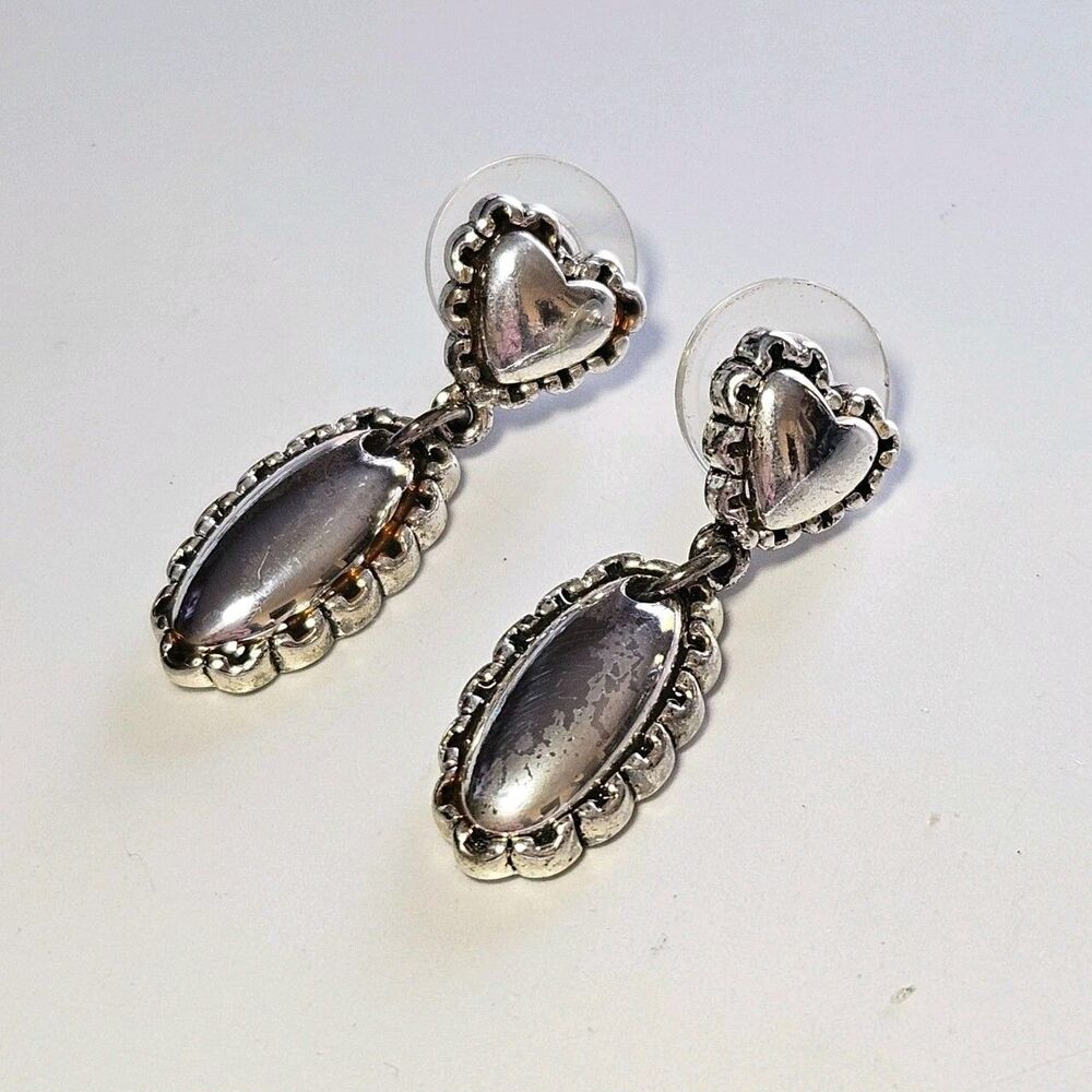 Silver Tone Heart With Dangling Oval Earrings Chunky